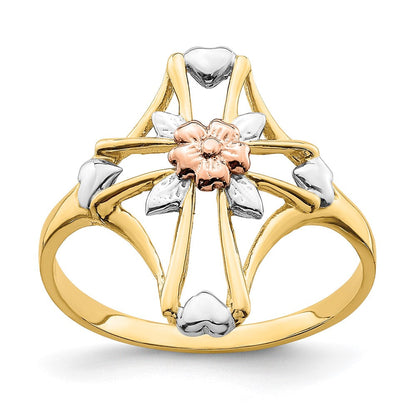 14K Bicolor-Gold Ring mit weißem Rhodium, poliertem Kreuz und Blumenmotiv