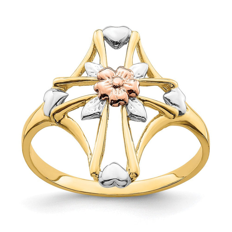14K Bicolor-Gold Ring mit weißem Rhodium, poliertem Kreuz und Blumenmotiv