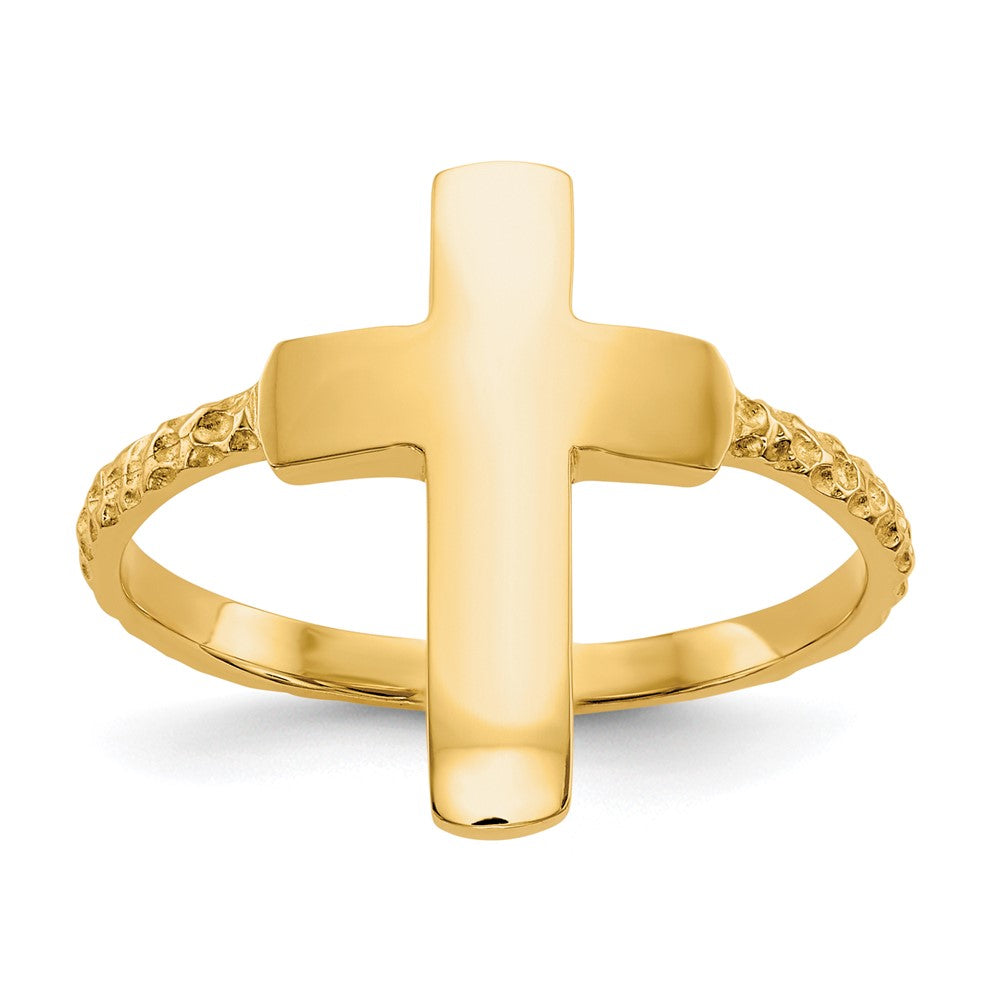 14K Gelbgold Poliertes Strukturiertes Kreuz Ring Wait, let me correct the grammar - the compound noun and adjective endings need adjustment: 14K Gelbgold Poliertes Strukturiertes Kreuzring