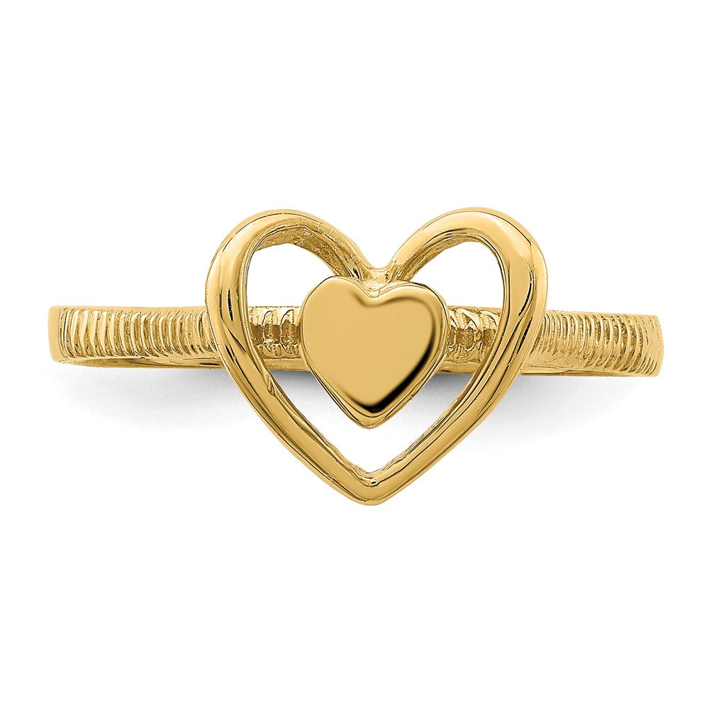 14K Gold polierter Ring mit strukturiertem Herz in Herzrahmen
