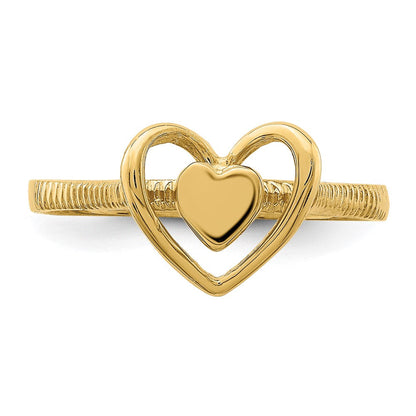 14K Gold polierter Ring mit strukturiertem Herz in Herzrahmen