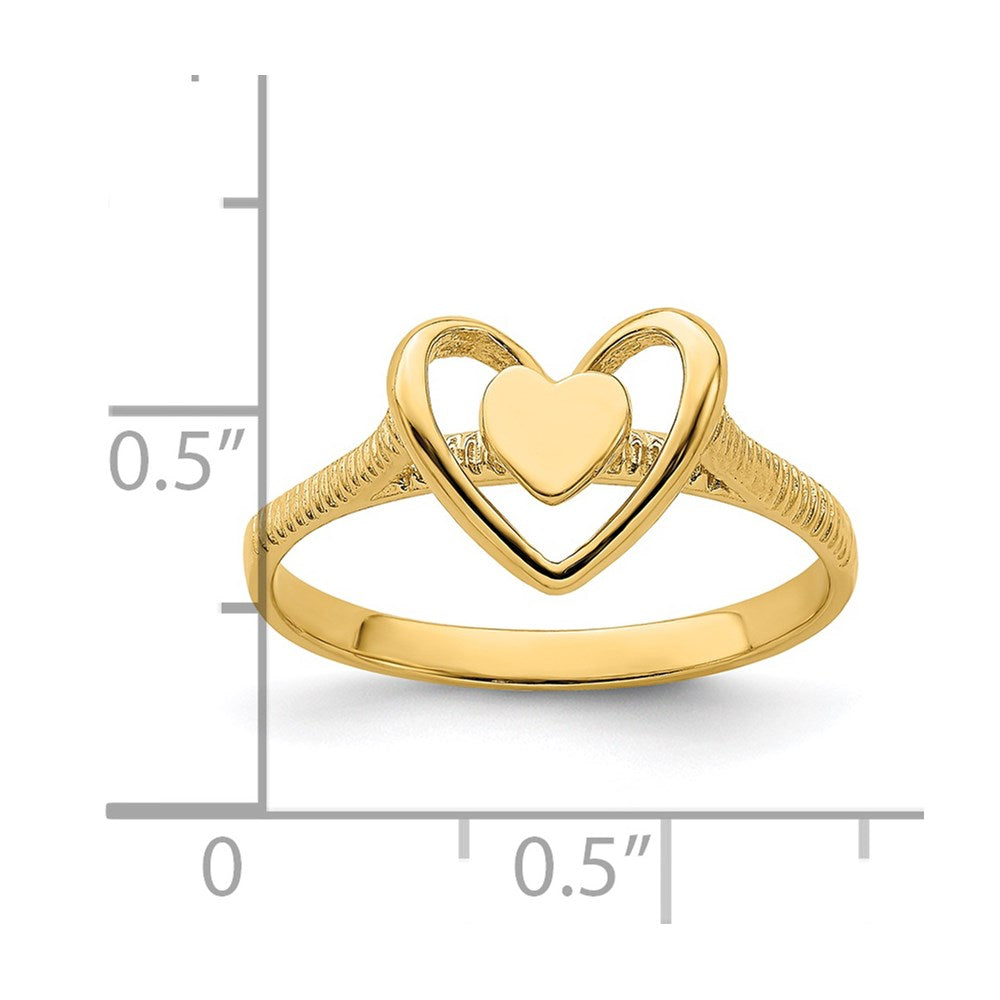 14K Gold polierter Ring mit strukturiertem Herz in Herzrahmen