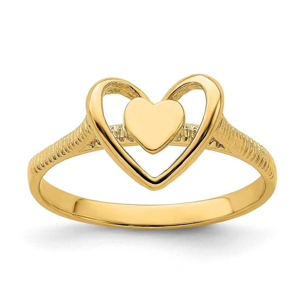 14K Gold polierter Ring mit strukturiertem Herz in Herzrahmen