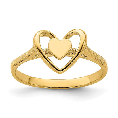 14K Gold polierter Ring mit strukturiertem Herz in Herzrahmen