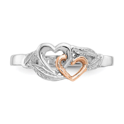 14K Weiß- und Roségold-plattierter polierter Ring mit Herzen und Blättern