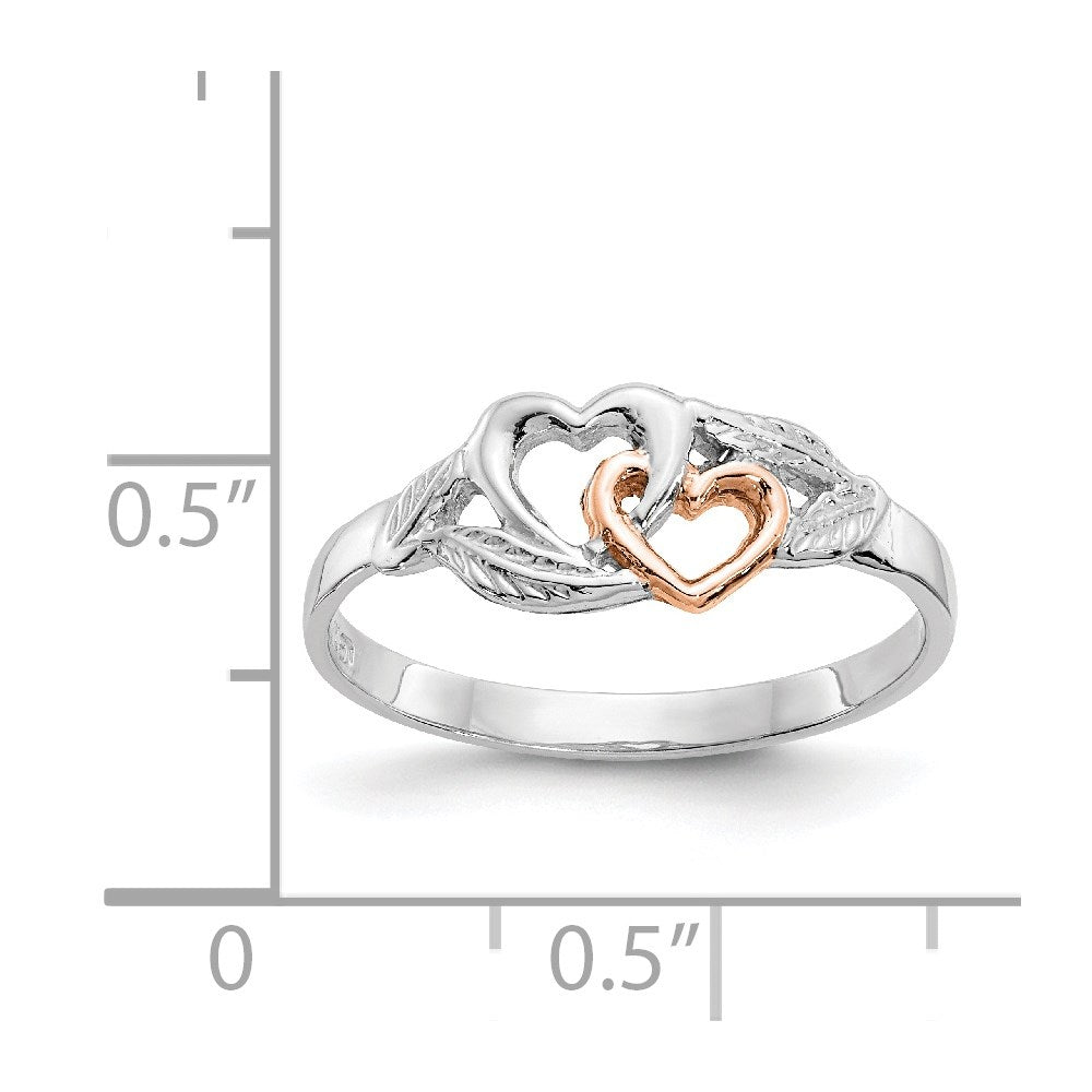 14K Weiß- und Roségold-plattierter polierter Ring mit Herzen und Blättern