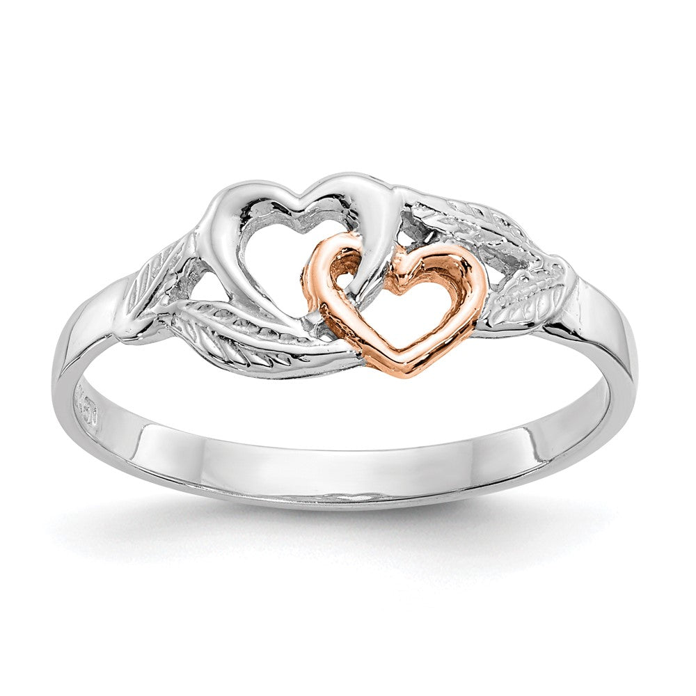 14K Weiß- und Roségold-plattierter polierter Ring mit Herzen und Blättern