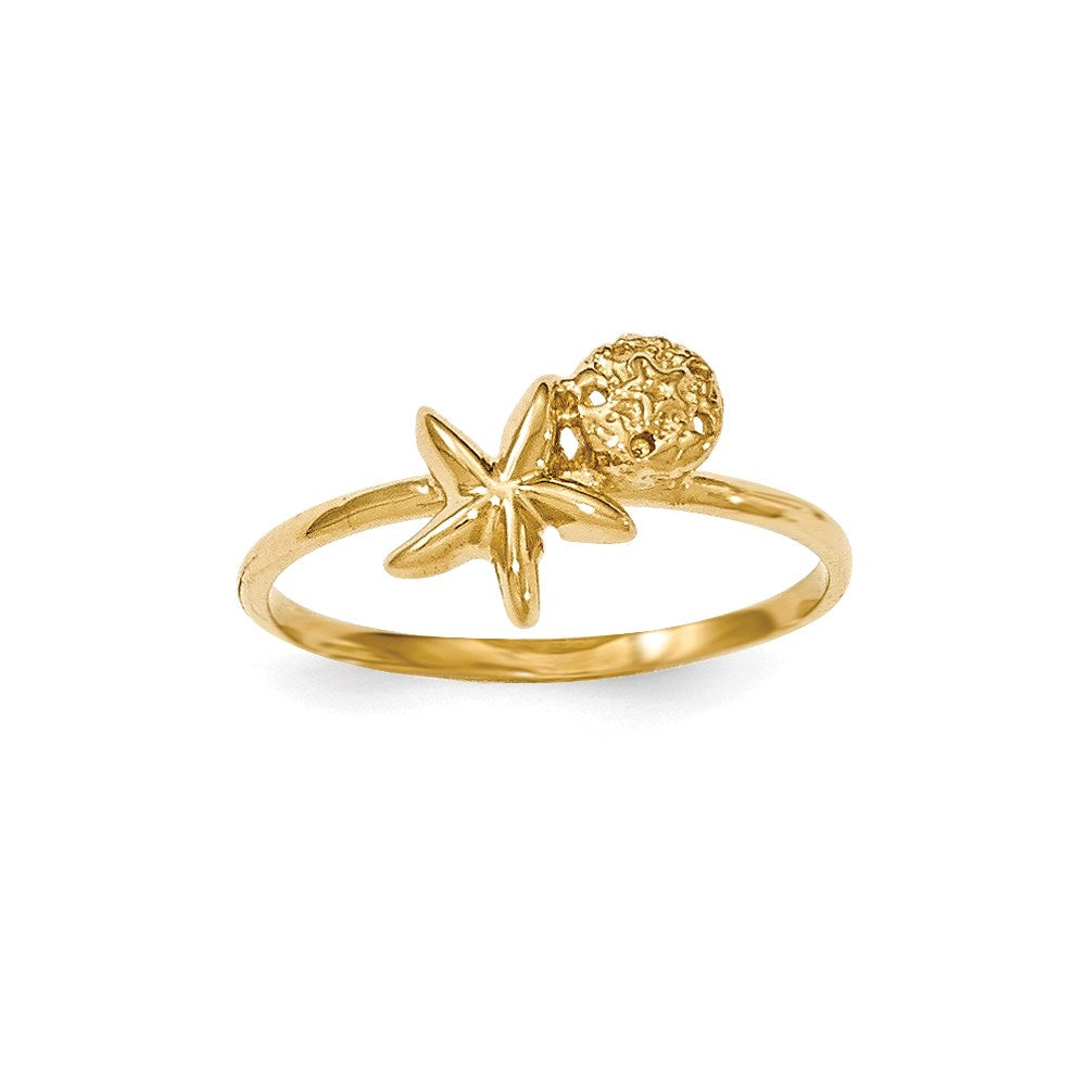 14K Gelbgold Ring mit poliertem Seestern- und Sanddollar-Motiv