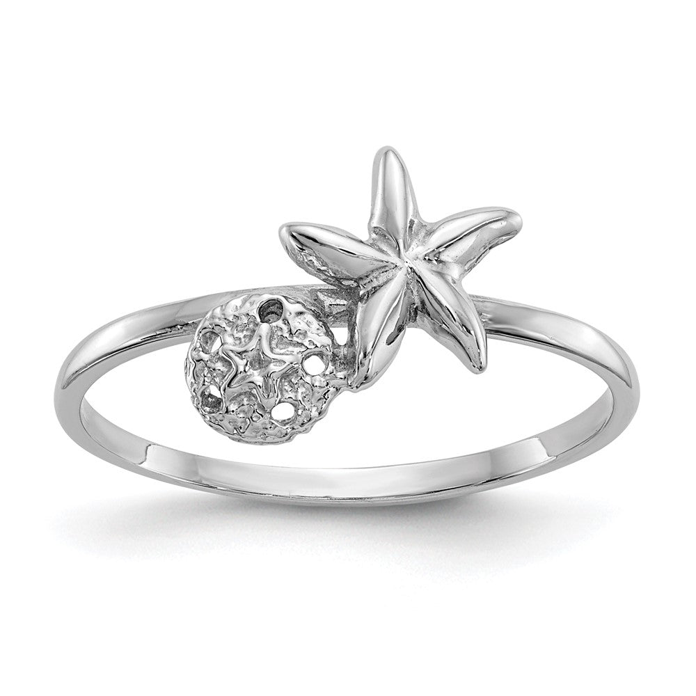14K Weißgold Ring mit Seestern und Sanddollar, poliert