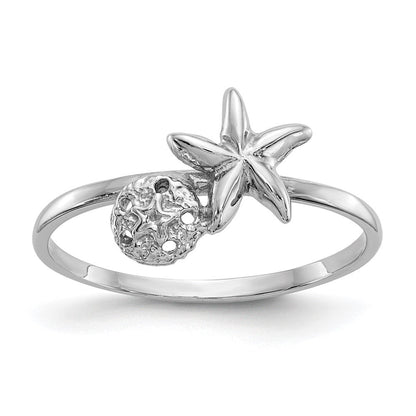 14K Weißgold Ring mit Seestern und Sanddollar, poliert