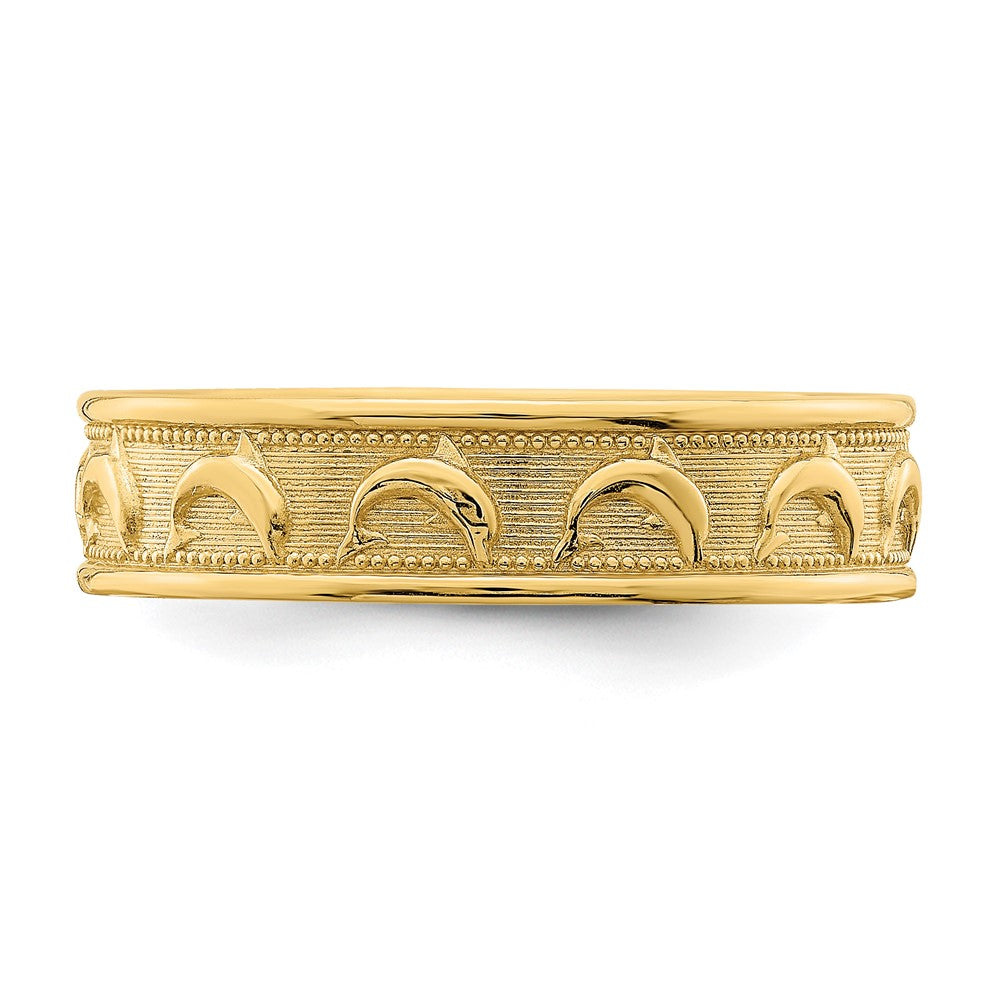 14K Gelbgold Ring mit poliertem und strukturiertem Delfin-Gravur-Design für den Daumen