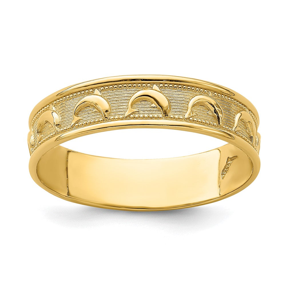 14K Gelbgold Ring mit poliertem und strukturiertem Delfin-Gravur-Design für den Daumen