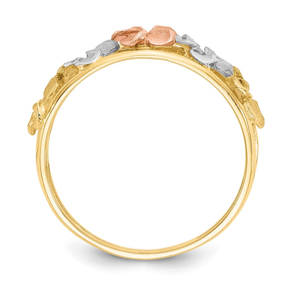 14K Bicolor-Gold & Rhodium satiniert/poliert diamantgeschliffener Blumen-Ring