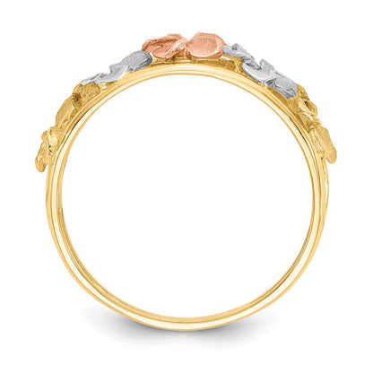 14K Bicolor-Gold & Rhodium satiniert/poliert diamantgeschliffener Blumen-Ring