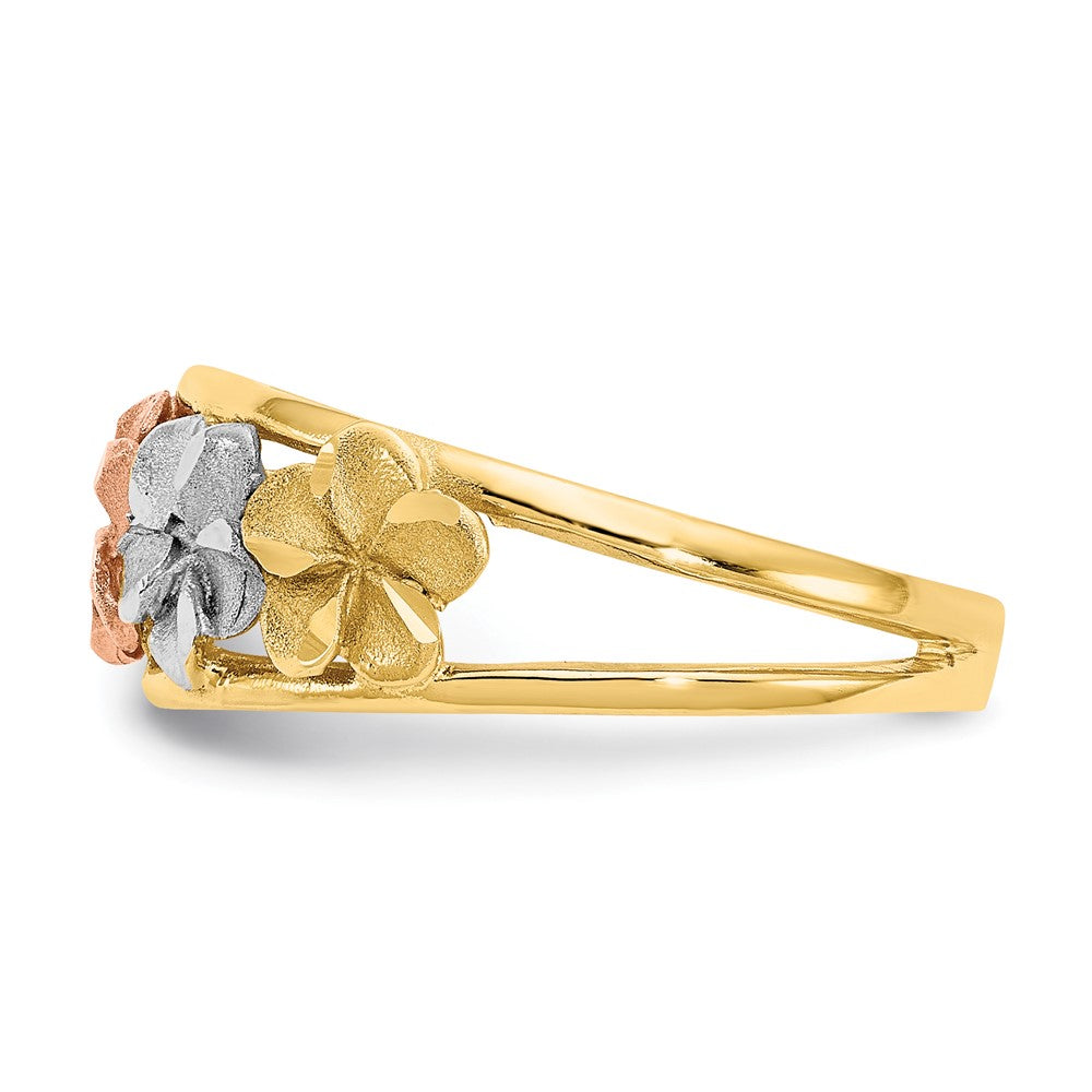 14K Bicolor-Gold & Rhodium satiniert/poliert diamantgeschliffener Blumen-Ring