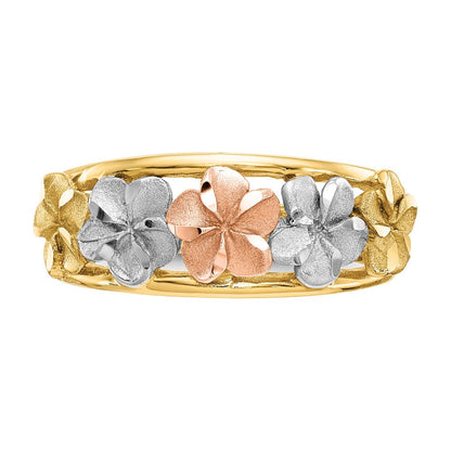 14K Bicolor-Gold & Rhodium satiniert/poliert diamantgeschliffener Blumen-Ring