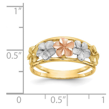 14K Bicolor-Gold & Rhodium satiniert/poliert diamantgeschliffener Blumen-Ring