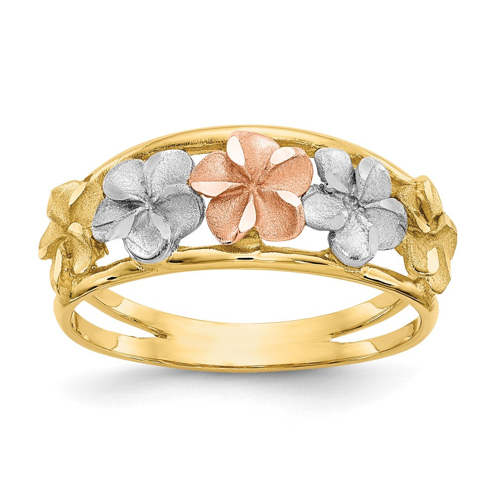 14K Bicolor-Gold & Rhodium satiniert/poliert diamantgeschliffener Blumen-Ring
