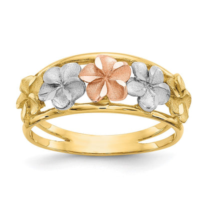 14K Bicolor-Gold & Rhodium satiniert/poliert diamantgeschliffener Blumen-Ring