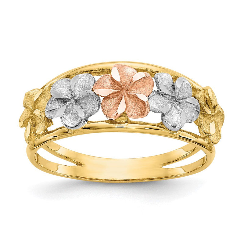 14K Bicolor-Gold & Rhodium satiniert/poliert diamantgeschliffener Blumen-Ring