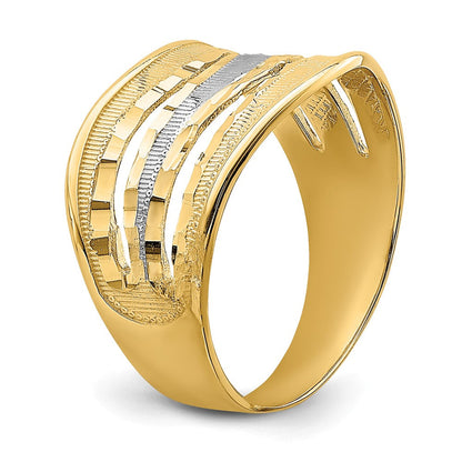14K Gelbgold Ring mit Rhodium-Beschichtung, poliert, dreifache Wellenform, ausgeschnitten