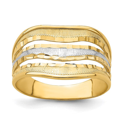 14K Gelbgold Ring mit Rhodium-Beschichtung, poliert, dreifache Wellenform, ausgeschnitten