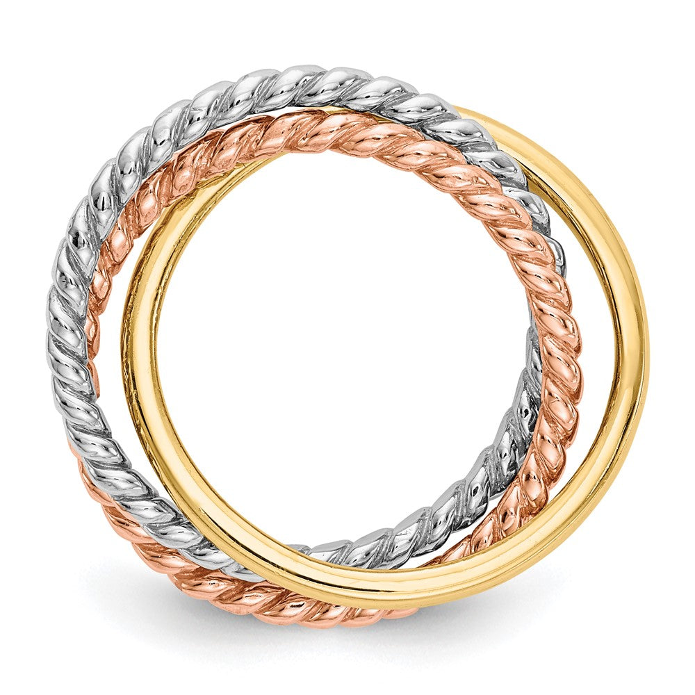 14K Tricolor-Gold Kordel-Ring, poliert, 3-reihig, ineinandergreifend