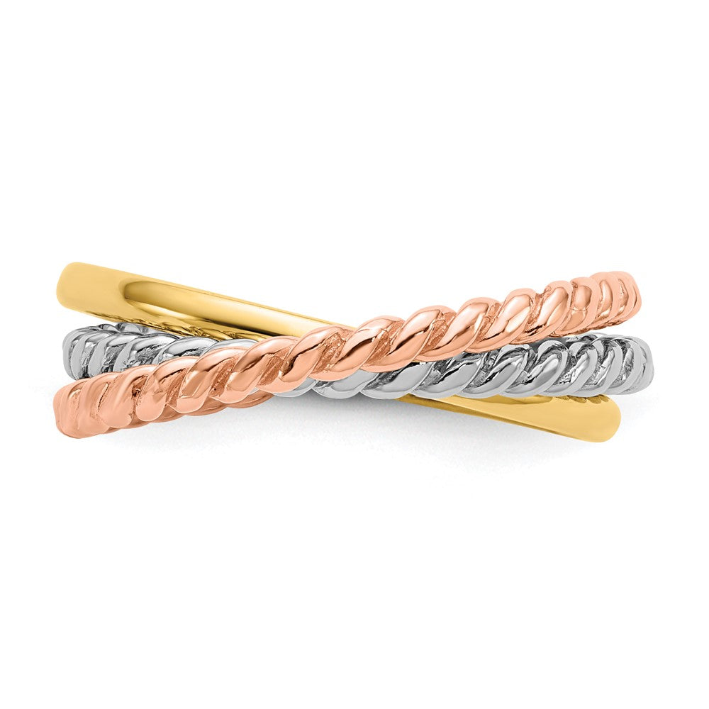 14K Tricolor-Gold Kordel-Ring, poliert, 3-reihig, ineinandergreifend
