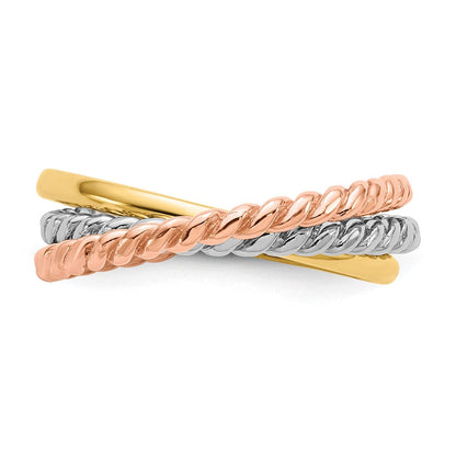 14K Tricolor-Gold Kordel-Ring, poliert, 3-reihig, ineinandergreifend