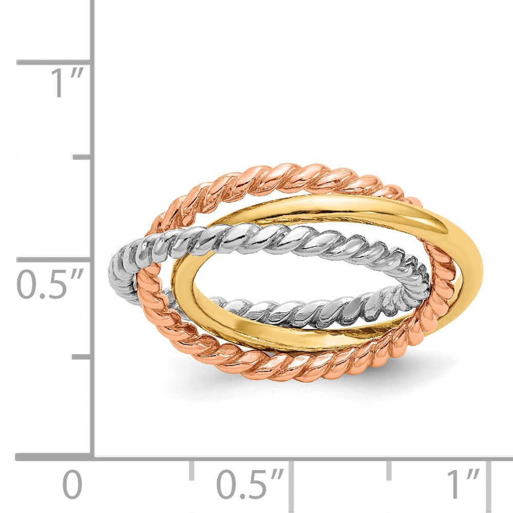 14K Tricolor-Gold Kordel-Ring, poliert, 3-reihig, ineinandergreifend