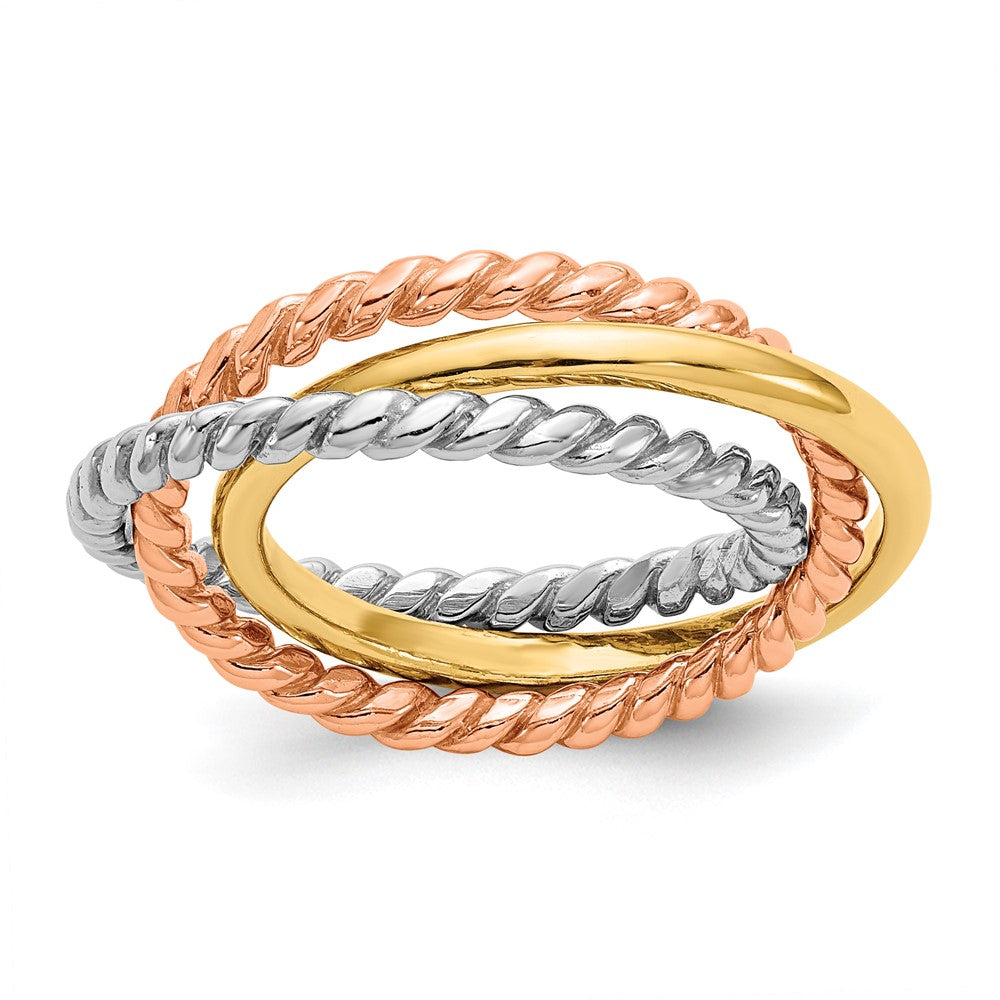 14K Tricolor-Gold Kordel-Ring, poliert, 3-reihig, ineinandergreifend