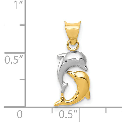 14K Gelb & Rhodium mit Rhodium Poliert und Diamantiert Dolphins Anhänger