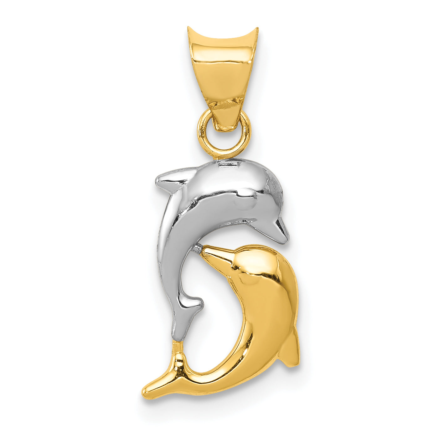 14K Gelb & Rhodium mit Rhodium Poliert und Diamantiert Dolphins Anhänger