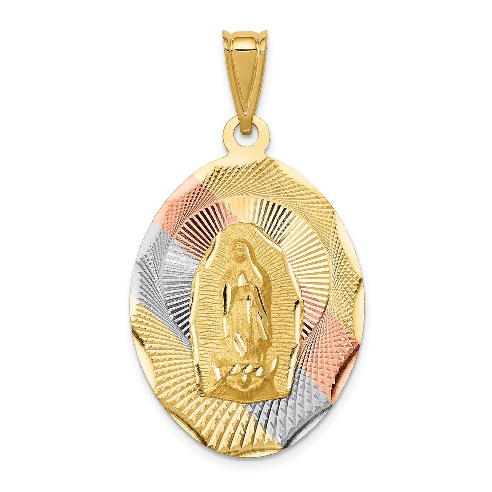 14K Gelb- und Rhodiumgold mit Rhodium-Diamantschliff, Ovaler Anhänger Jungfrau von Guadalupe
