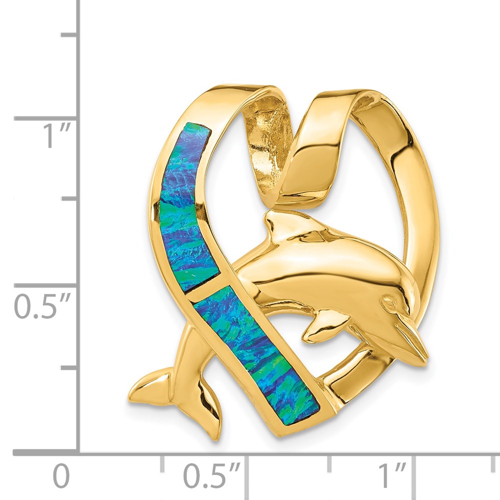 14K Gelbgold Poliert mit Imitat Blau Opal Herz mit Delfin Anhänger