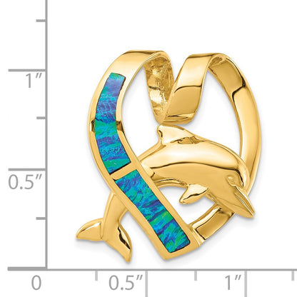 14K Gelbgold Poliert mit Imitat Blau Opal Herz mit Delfin Anhänger