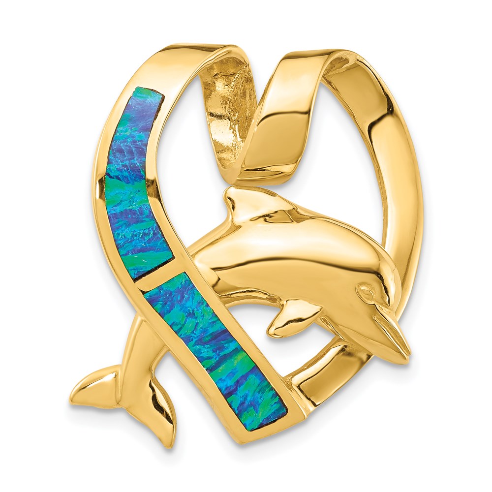 14K Gelbgold Poliert mit Imitat Blau Opal Herz mit Delfin Anhänger