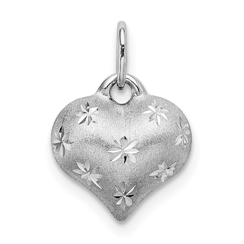 14K Weißgold Satiniert Diamantiert 3d Gewölbt Herz Anhänger
