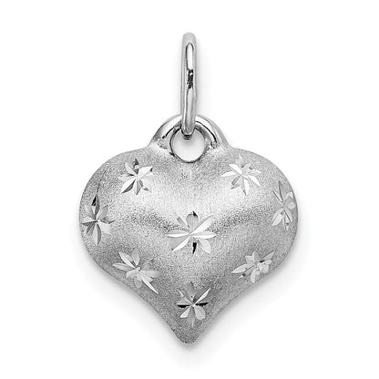 14K Weißgold Satiniert Diamantiert 3d Gewölbt Herz Anhänger