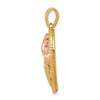 14K Bicolor-Gold Herz-Anhänger mit polierten Blumen