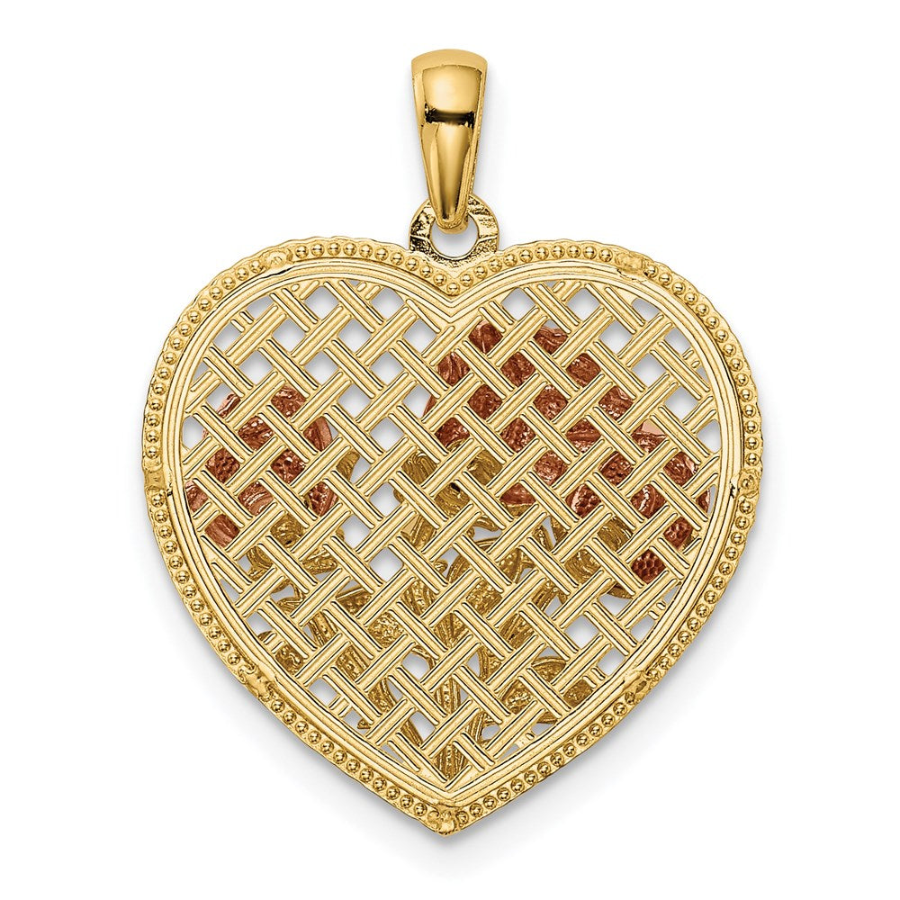 14K Bicolor-Gold Herz-Anhänger mit polierten Blumen