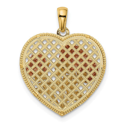 14K Bicolor-Gold Herz-Anhänger mit polierten Blumen