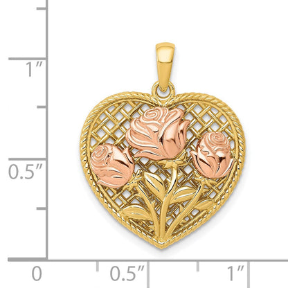 14K Bicolor-Gold Herz-Anhänger mit polierten Blumen