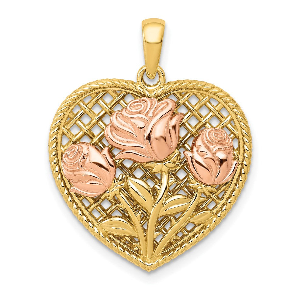 14K Bicolor-Gold Herz-Anhänger mit polierten Blumen