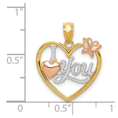 14K Bicolor mit Weiß Rhod I Liebe You Herz mit Schmetterling Anhänger