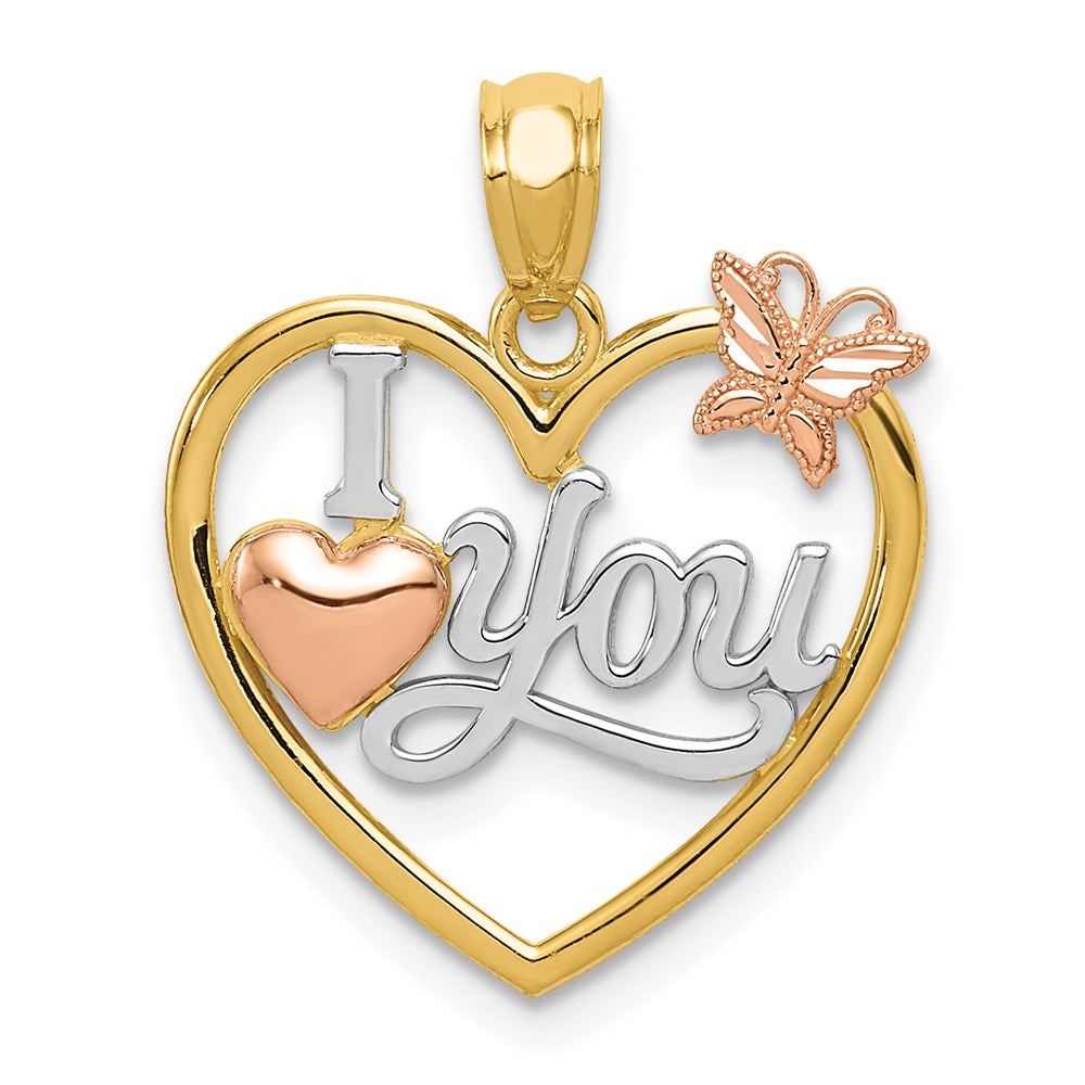 14K Bicolor mit Weiß Rhod I Liebe You Herz mit Schmetterling Anhänger