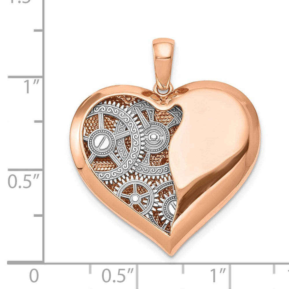 14K Bicolor-Gold Polierter Wendbarer Anhänger mit 3D-Herz und Zahnrädern innen