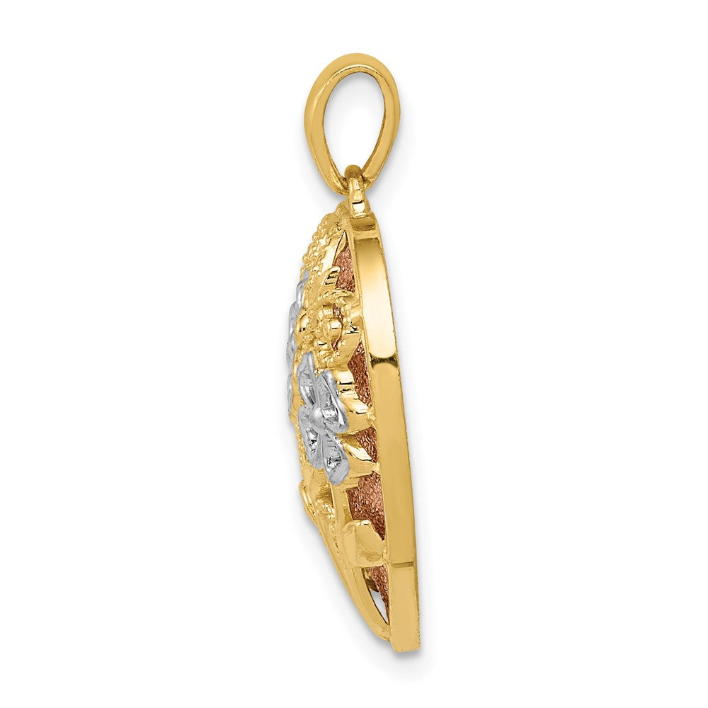 14k Bicolor Gold Gelb & Rosé mit Rhodium Diamantschliff Satiniert & Poliert Blumen-Herz-Anhänger
