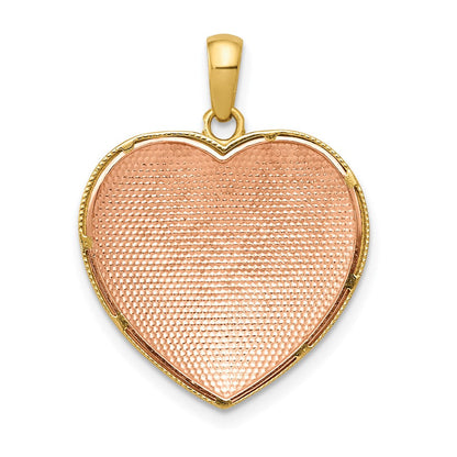 14k Bicolor Gold Gelb & Rosé mit Rhodium Diamantschliff Satiniert & Poliert Blumen-Herz-Anhänger