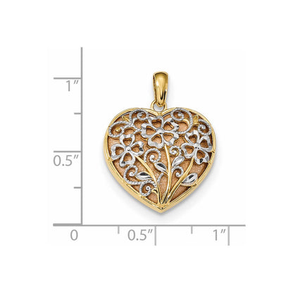 14k Bicolor Gold Gelb & Rosé mit Rhodium Diamantschliff Satiniert & Poliert Blumen-Herz-Anhänger